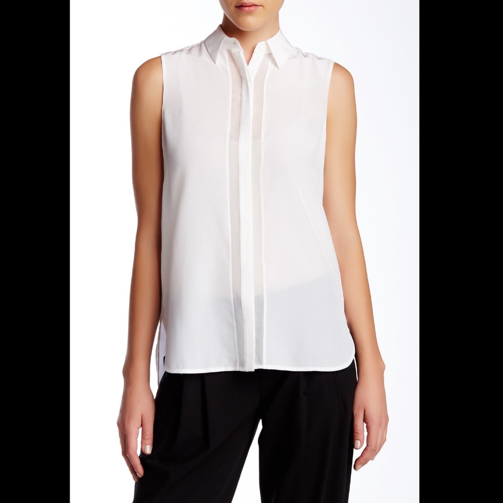 VINCE Silk Sheer Panel Sleeveless Button Up Blouse